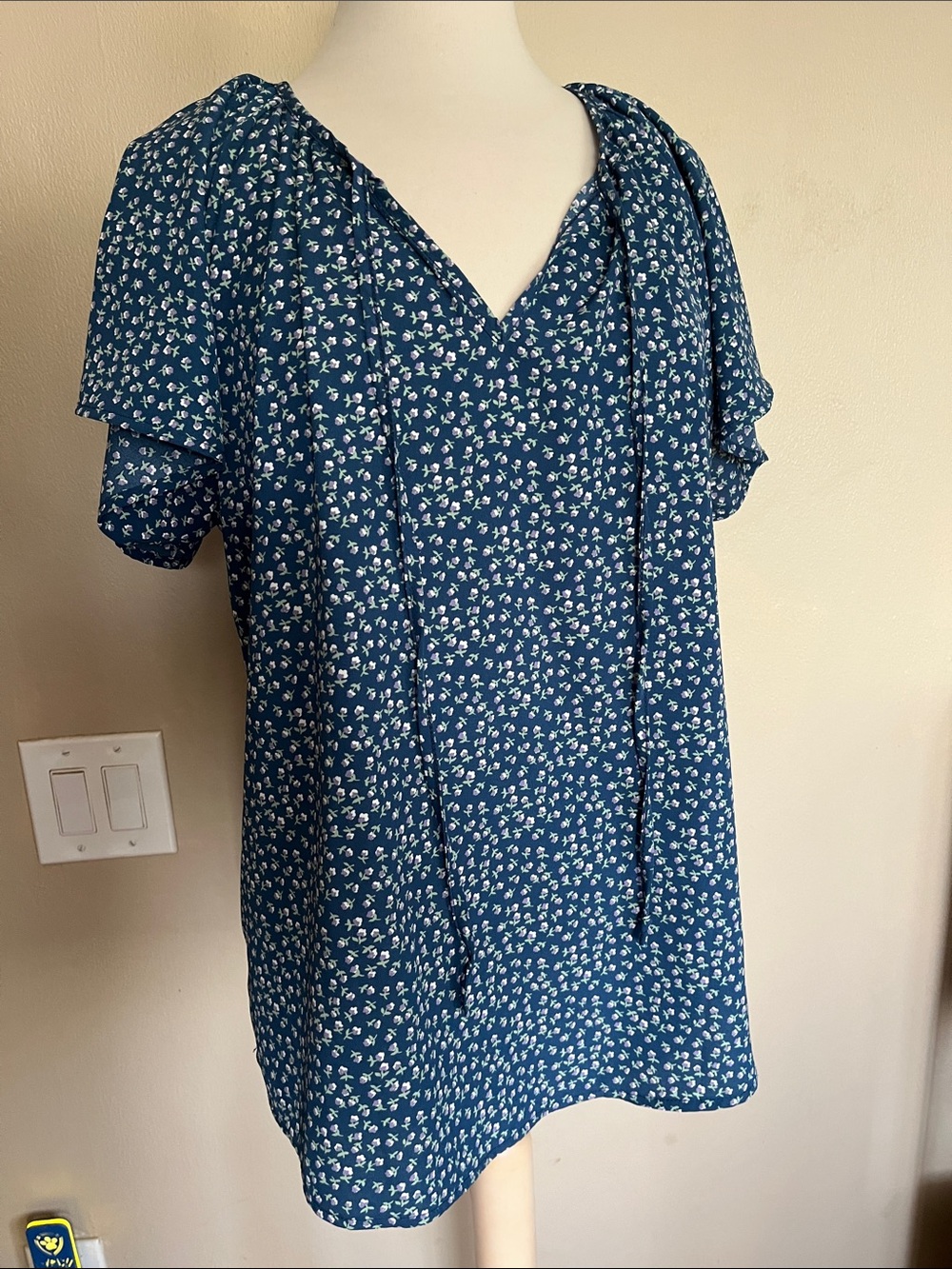 Blue Floral V-Neck Flutter Sleeve Blouse